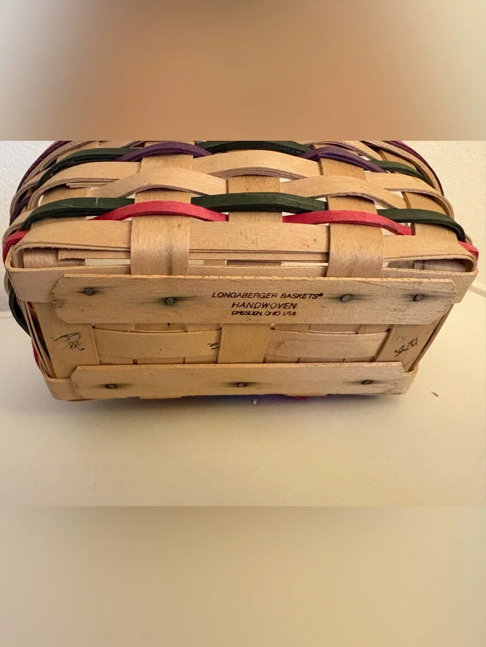 Vintage Longaberger 1996 Easter Basket & Protector, Pink, Green & Purple Accents